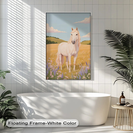 Tranquil animal canvas print showcases a white horse amidst a wildflower field, radiating a serene mood perfect for a framed canvas piece.
