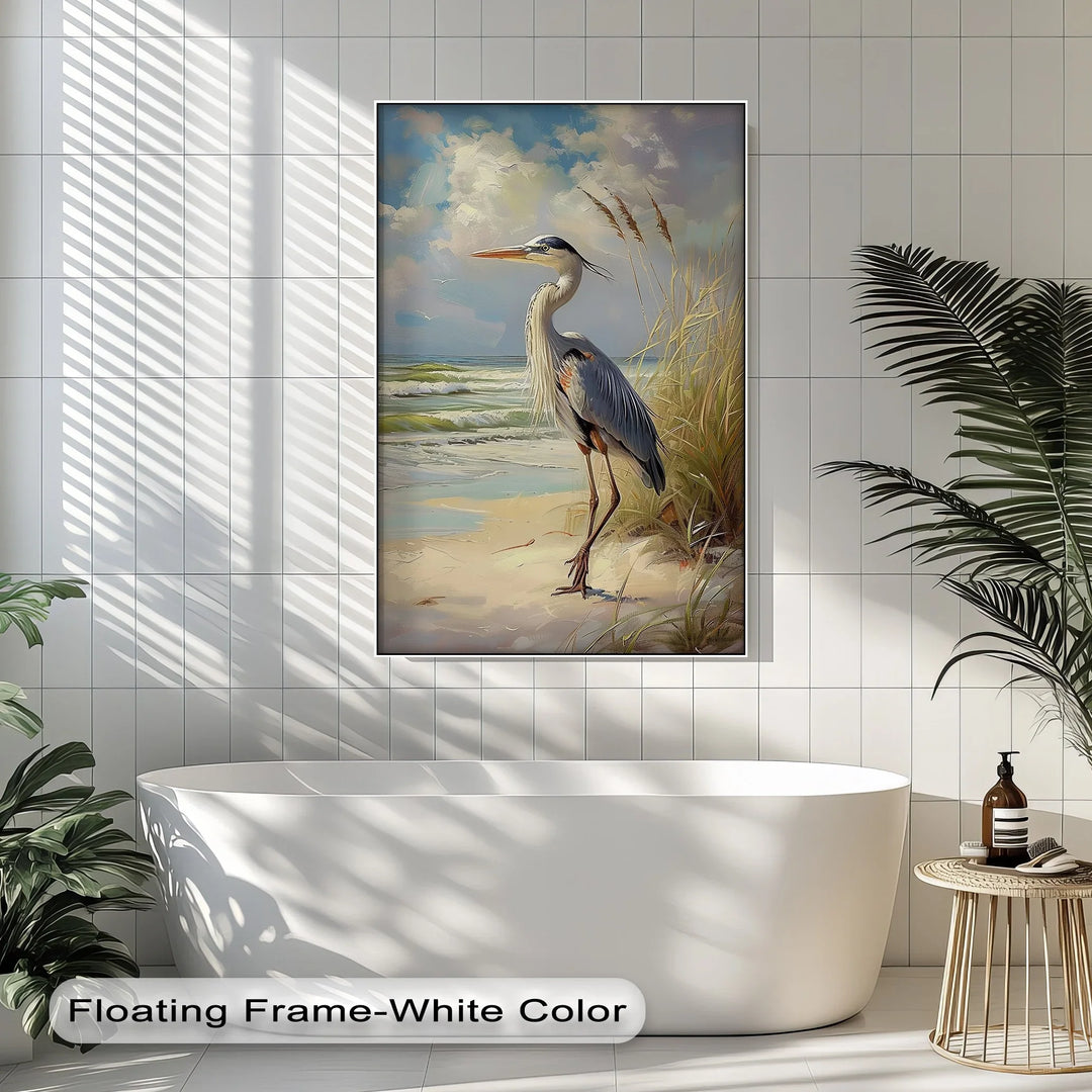 Coastal Grace – Majestic Heron by the Shore Canvas Print - MyPhotoStation