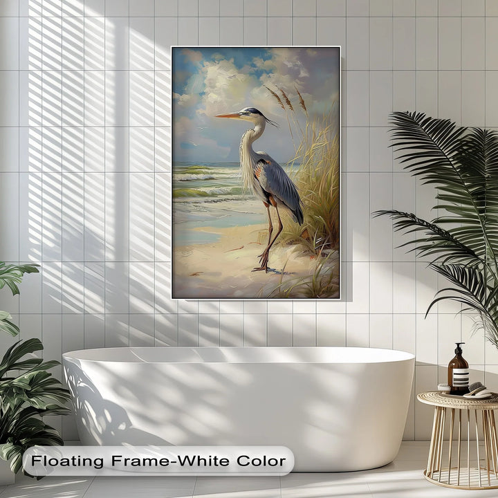 Coastal Grace – Majestic Heron by the Shore Canvas Print - MyPhotoStation