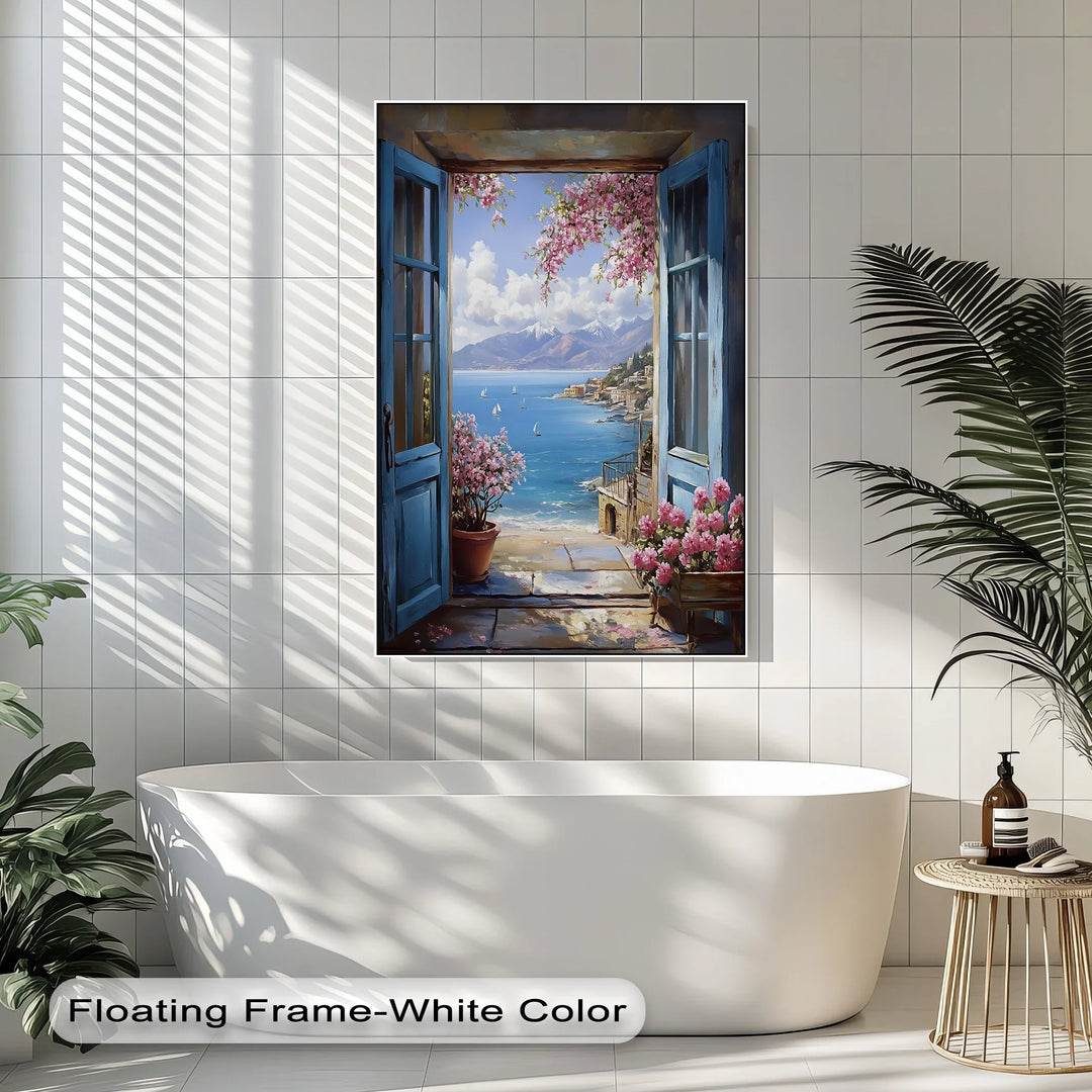 Mediterranean View – Open Window with Coastal Seascape Canvas Print - MyPhotoStation