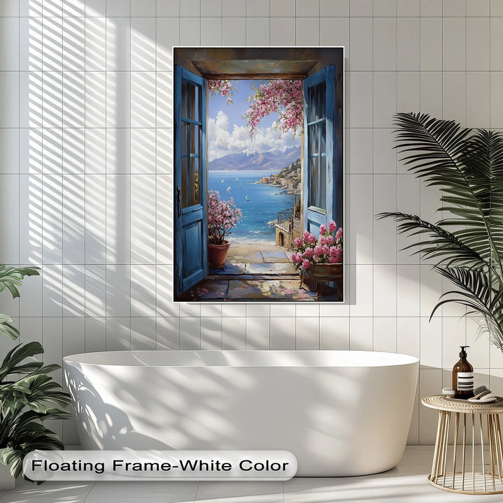 Mediterranean View – Open Window with Coastal Seascape Canvas Print - MyPhotoStation