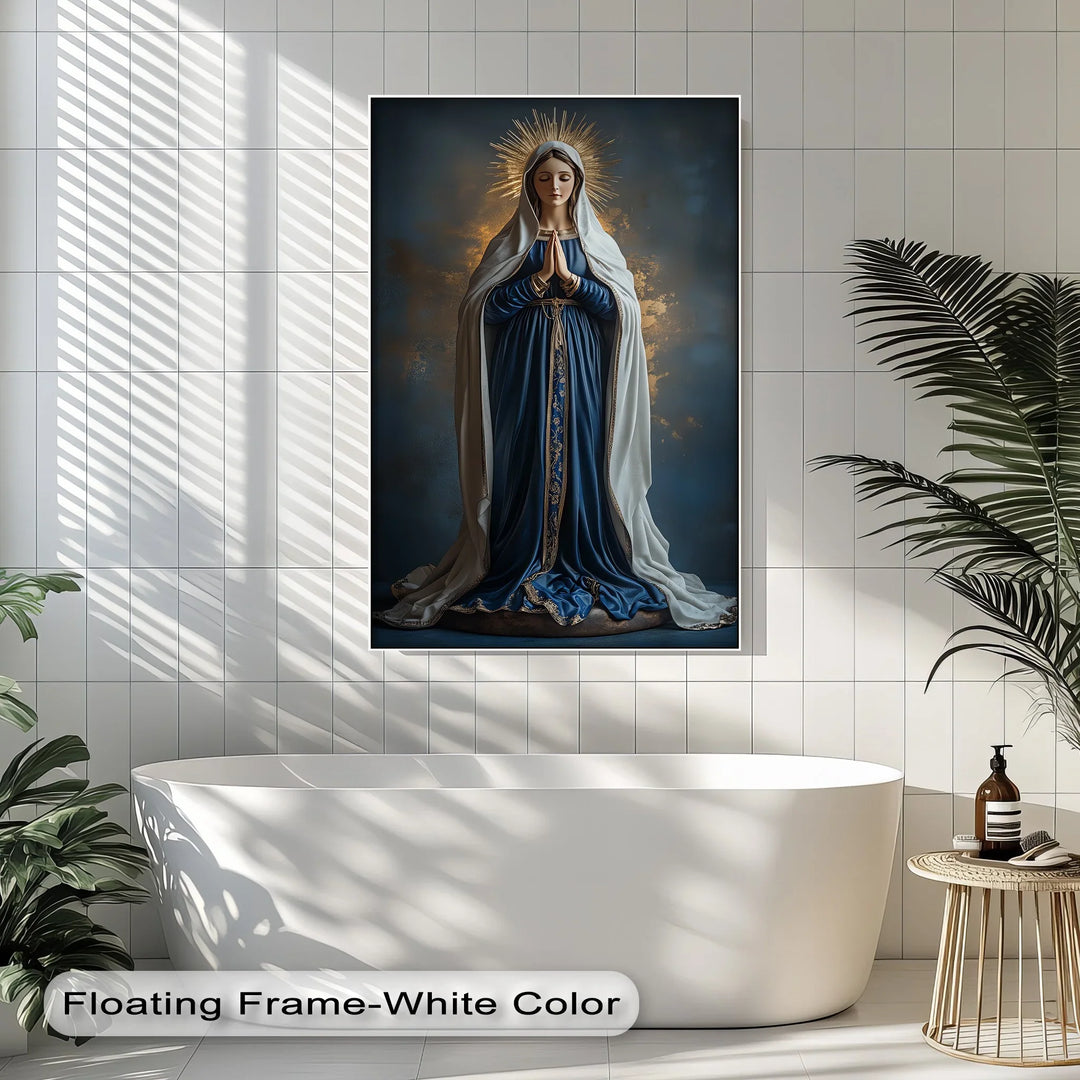 A captivating photo canvas showing Mary’s purity and strength in royal blue robes.

