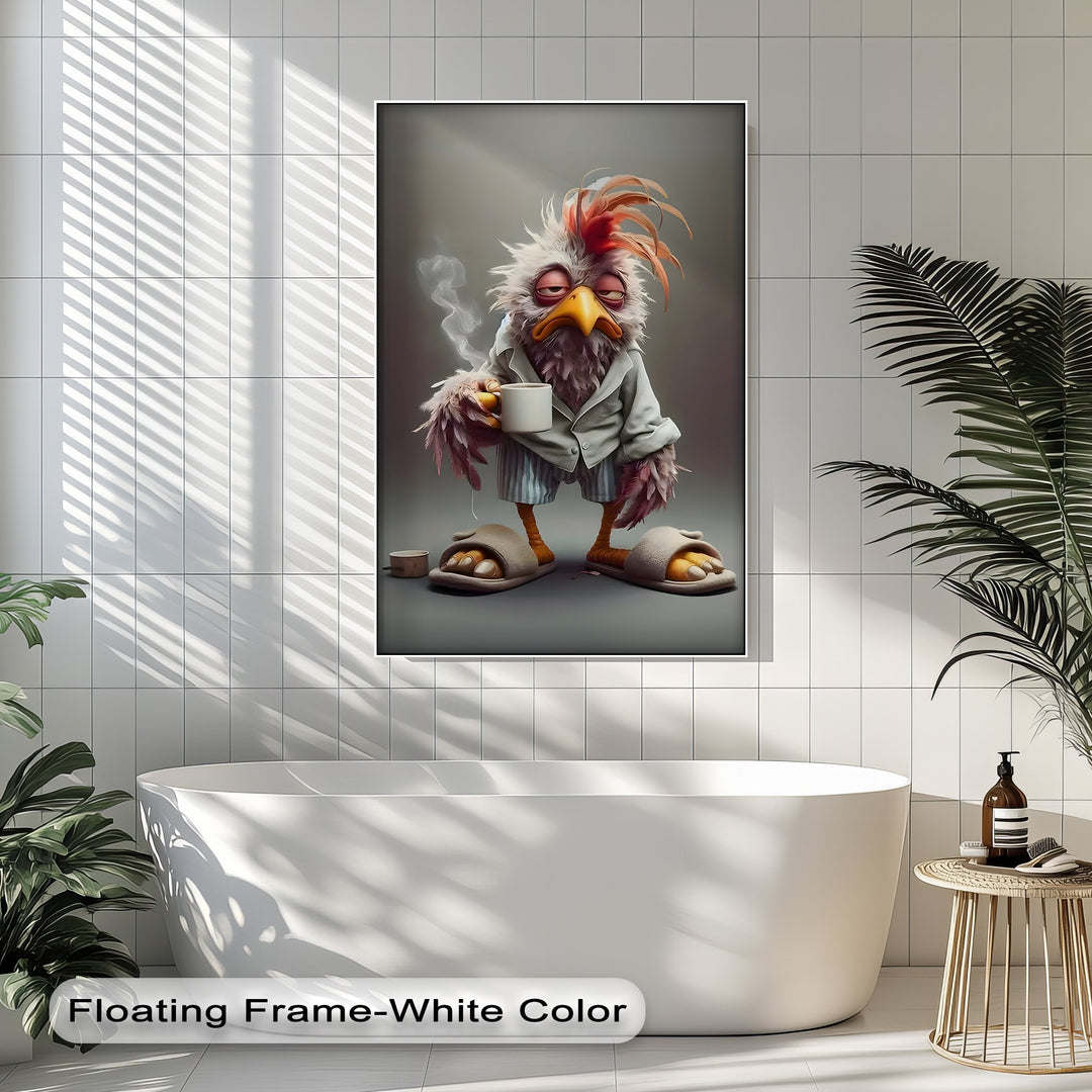 The disheveled, drowsy Morning Grump Bird, a comical canvas art print, holds a steaming coffee mug.