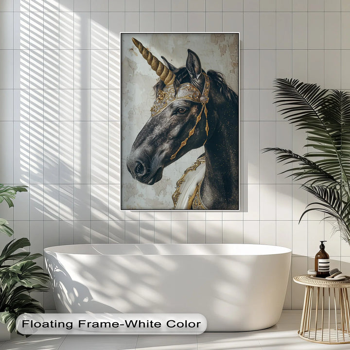 Regal Black Unicorn with Golden Armor – Fantasy Animal Canvas Print - MyPhotoStation