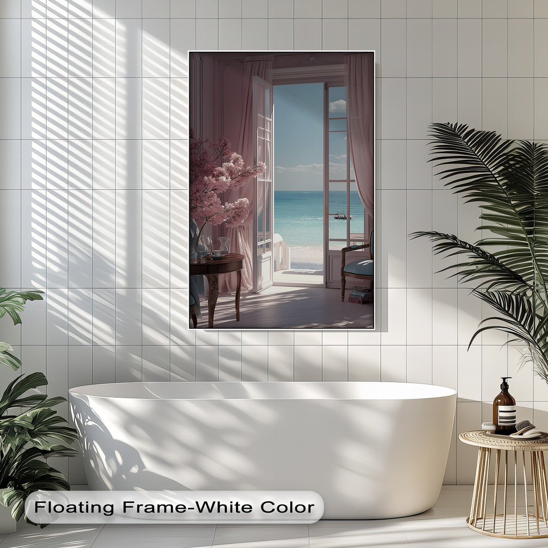 Seaside Serenity – Elegant Room with Ocean View Canvas Print