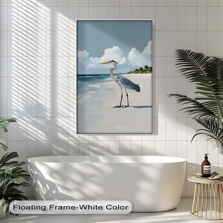 Coastal Heron Under Blue Skies – Tropical Beach Canvas Print