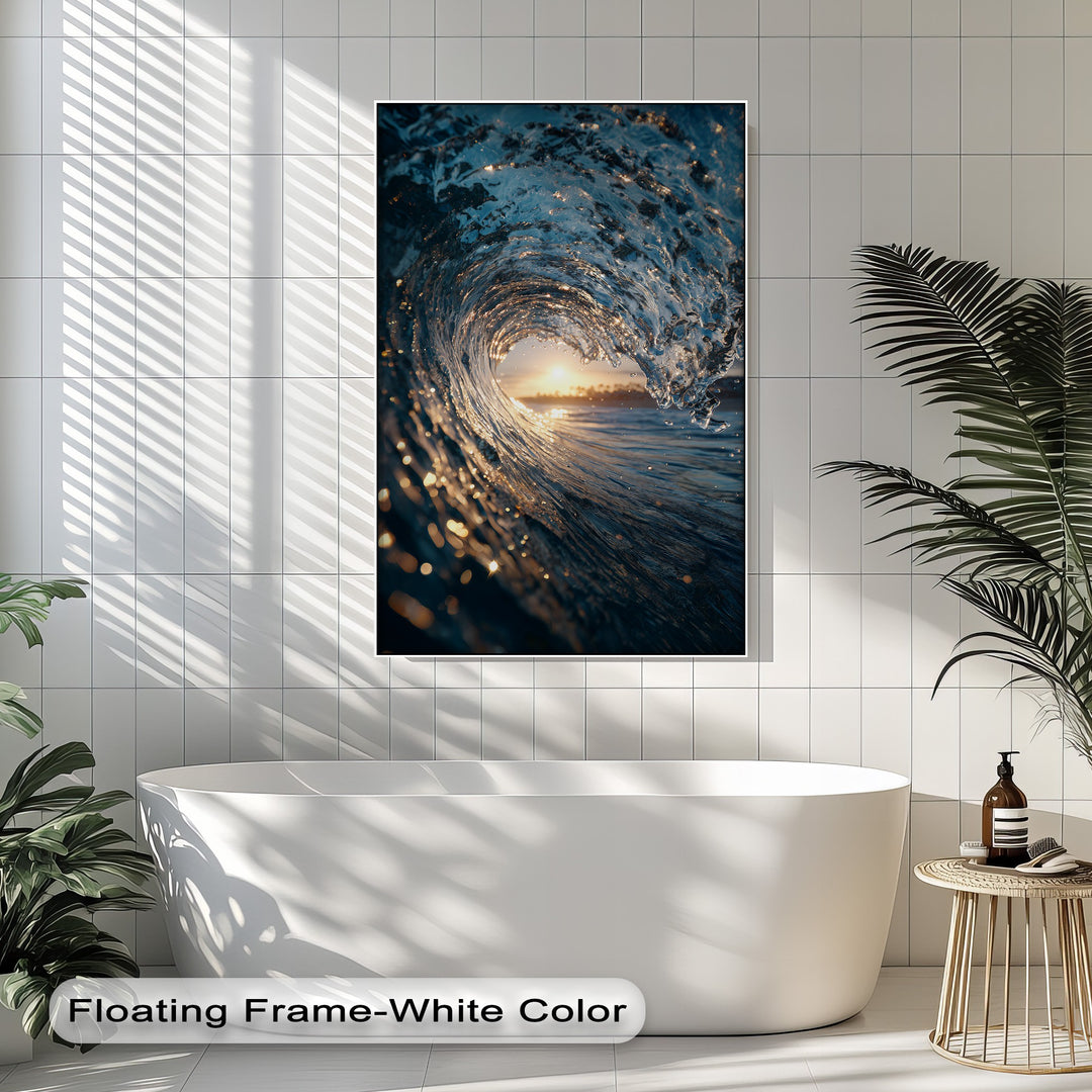 The framed canvas art prints feature a dynamic ocean wave with a golden sunset, encapsulated within a pristine white floating frame.