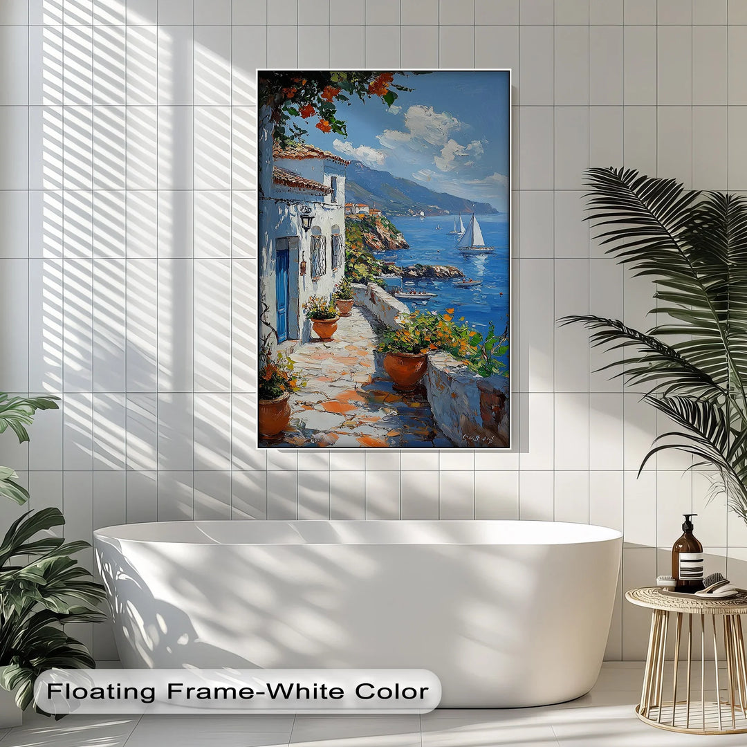 Mediterranean Stroll – Seaside Village Path with Blue Door Canvas Print - MyPhotoStation