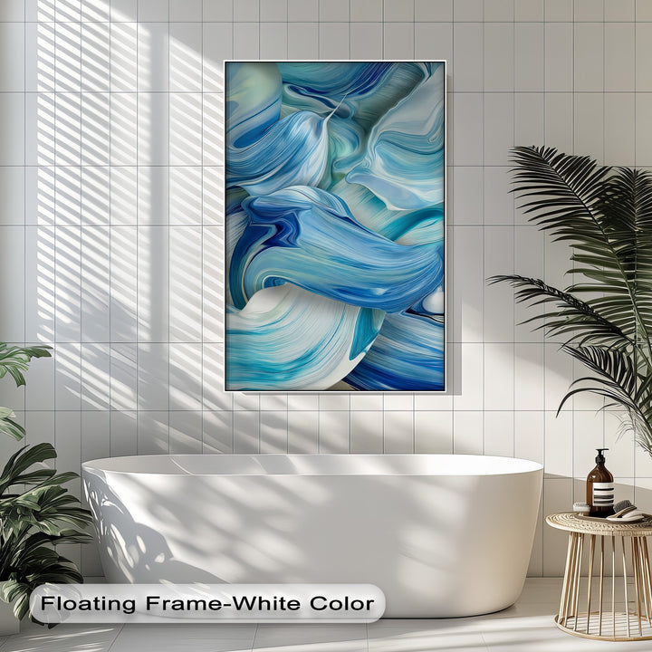 The minimalist negative space of pristine white tiled walls, illuminated by striped shadows, enhances the vibrant abstract ocean wave canvas wall art.