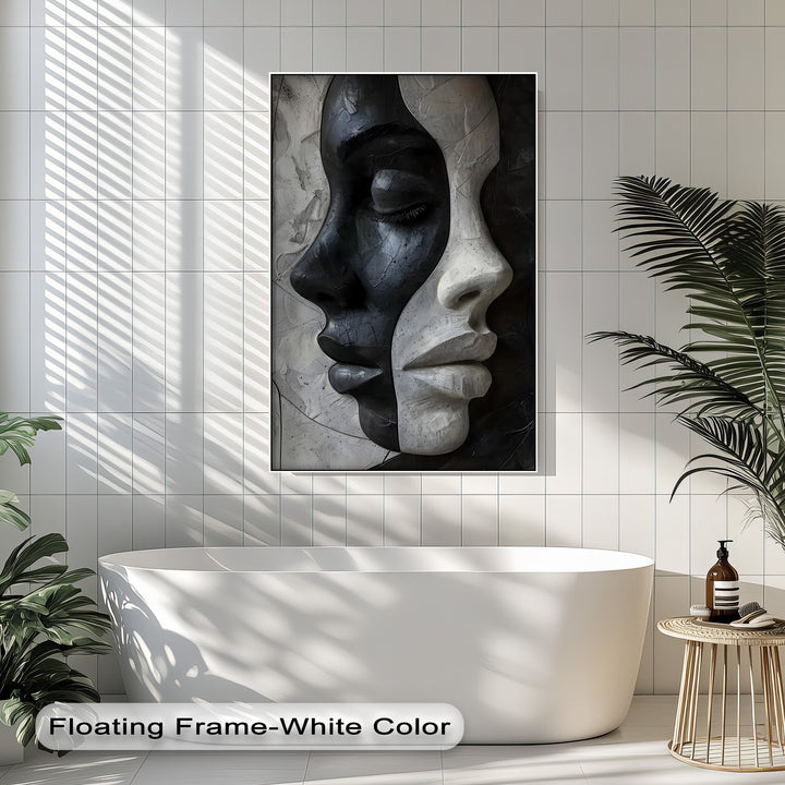 The sense of movement is palpable in this modern abstract big canvas prints art, depicting contrasting black and white sculptural faces.