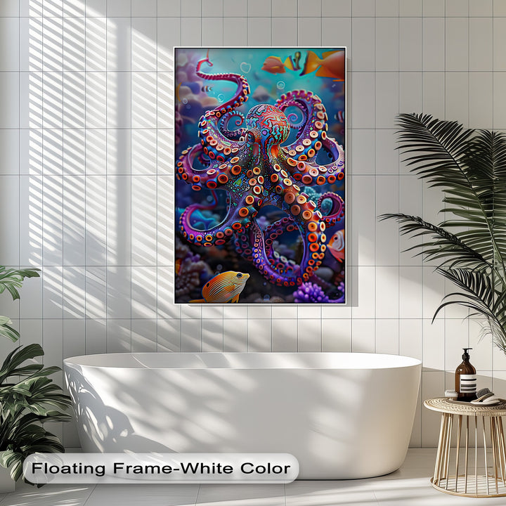An enchanting, lively mood emanates from this vibrant colorful octopus canvas artwork, portraying an energetic underwater world.