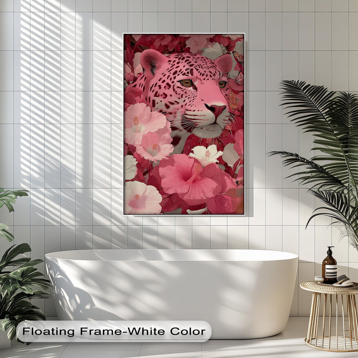 Blush Predator – Pink Leopard in Hibiscus Jungle Canvas Print