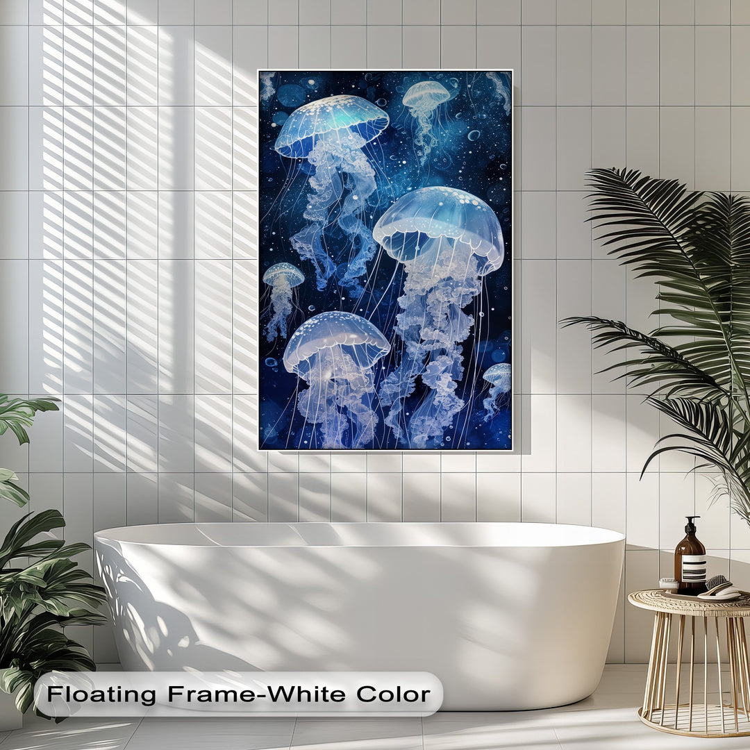 The premium canvas artwork vibrantly displays luminous jellyfish in deep blue ocean depths with exceptional clarity and fine detail.