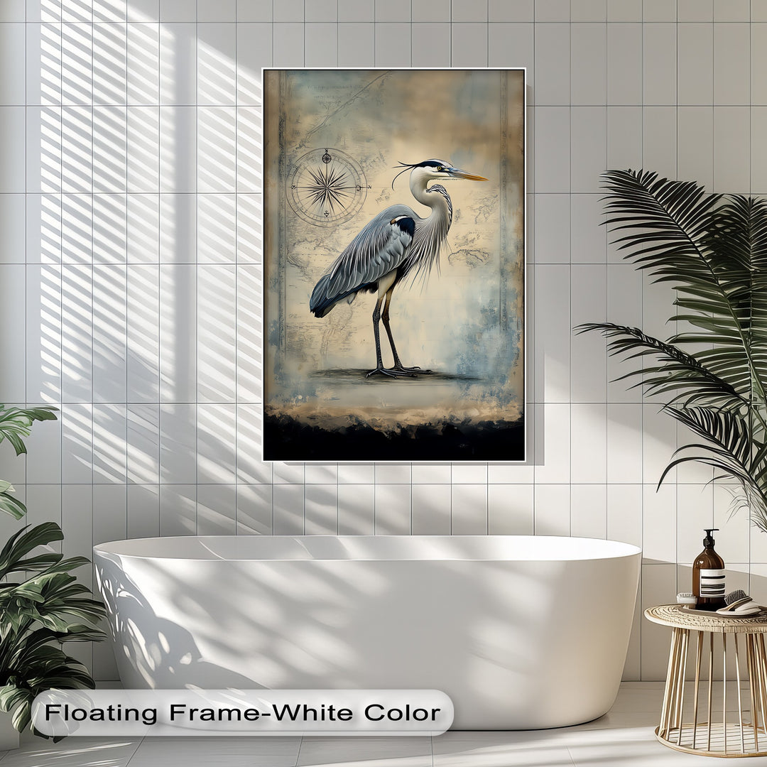 Navigational Heron – Vintage Map Inspired Bird Canvas Print