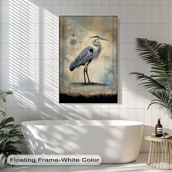 Navigational Heron – Vintage Map Inspired Bird Canvas Print