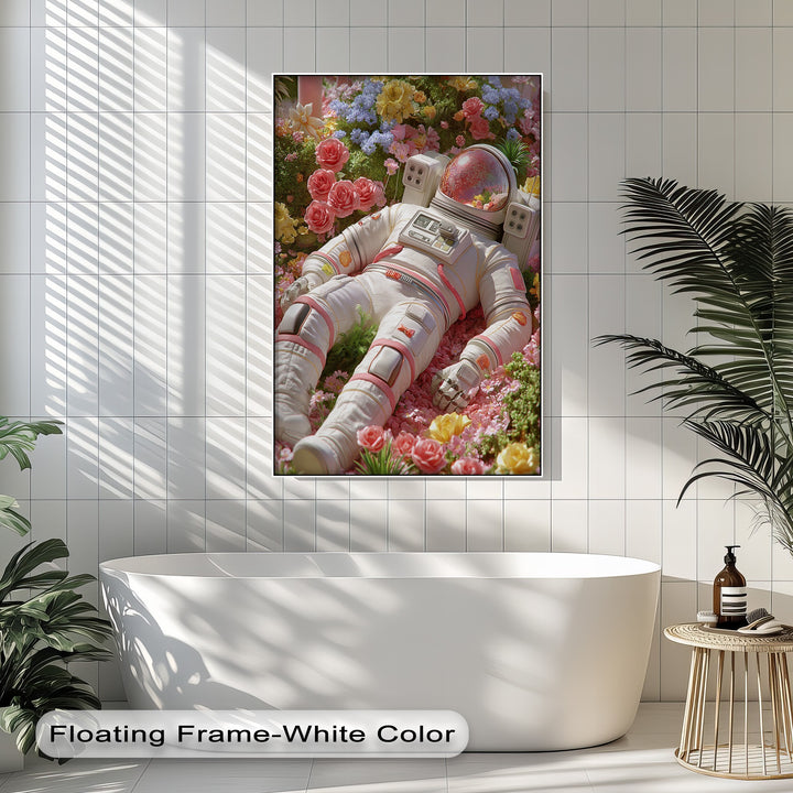 Astronaut Resting in a Garden of Flowers - Pink Canvas Print