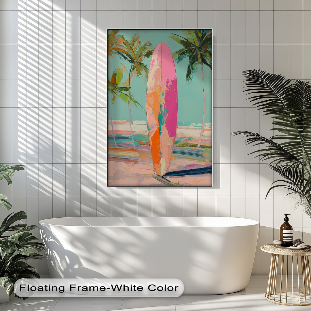 Sunset Ride – Vibrant Surfboard Beach Scene Canvas Print