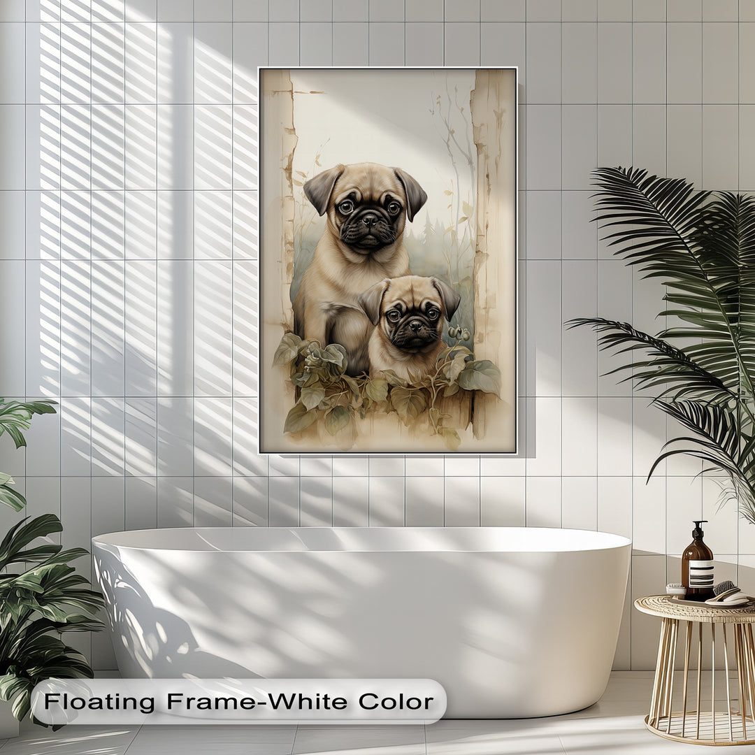 Twin Pug Companions – Vintage Botanical Style Puppies Canvas Print