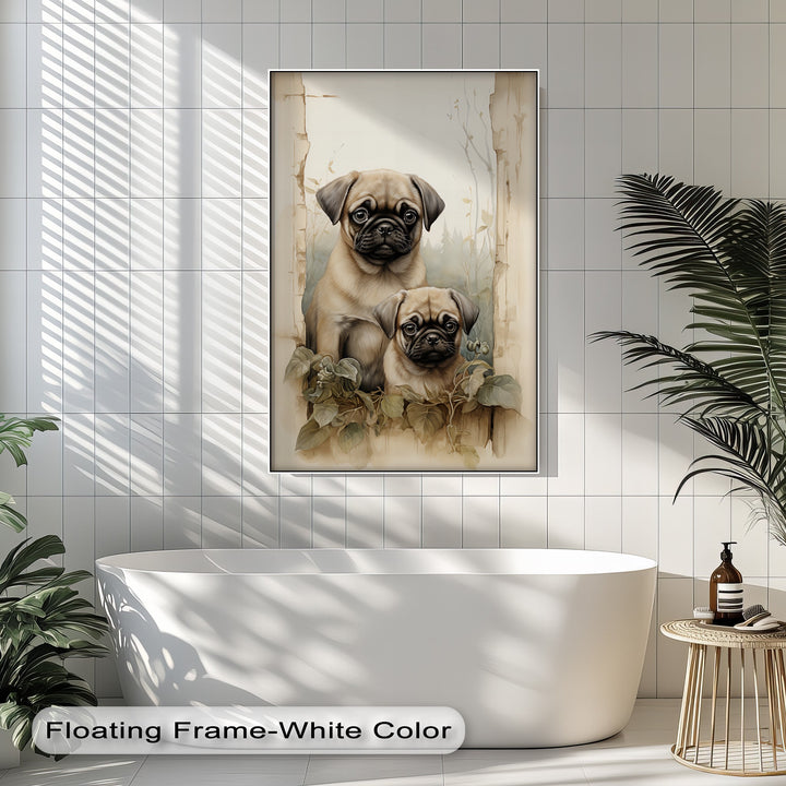 Twin Pug Companions – Vintage Botanical Style Puppies Canvas Print