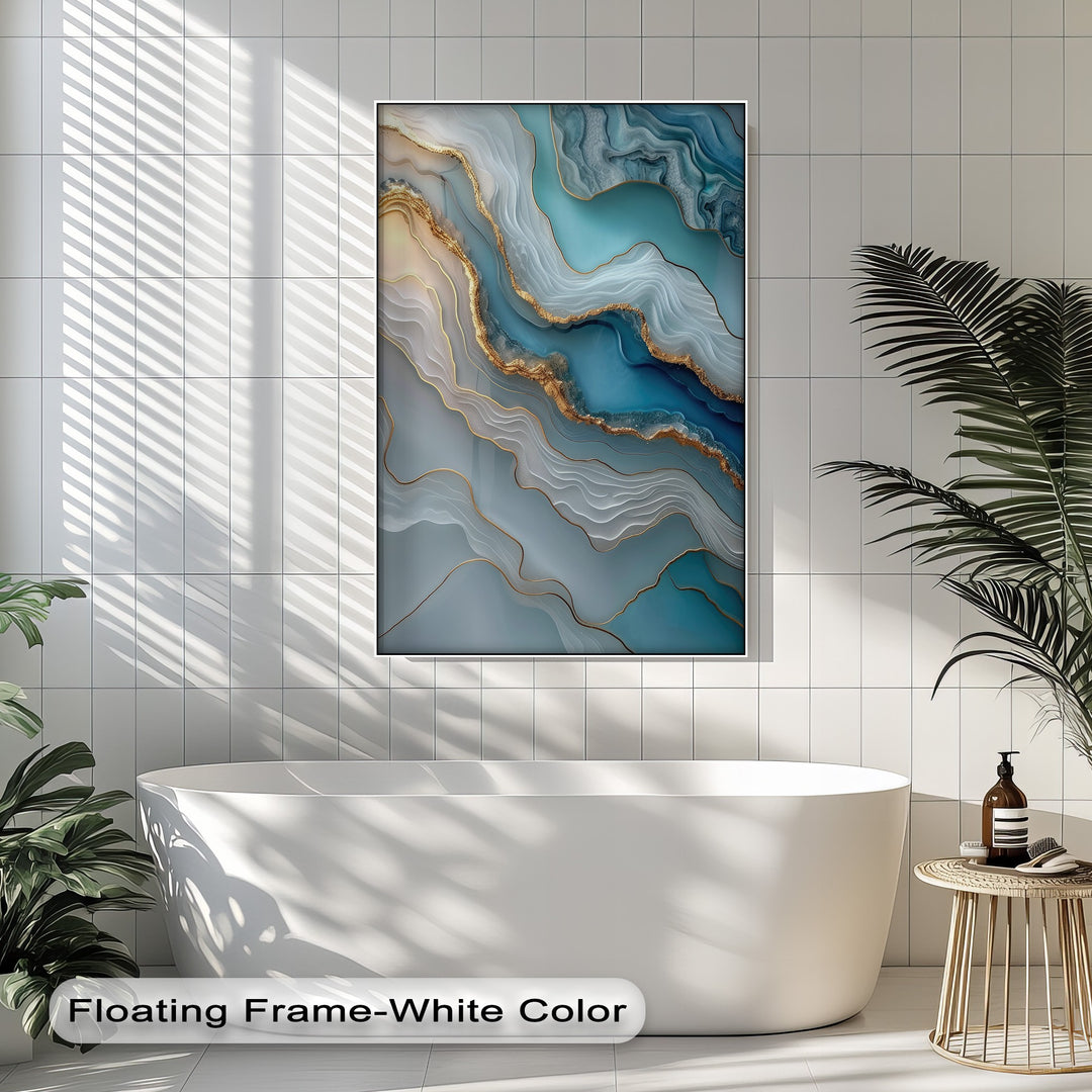 The realistic detail of this turquoise agate canvas artwork reveals luxurious abstract marble with intricate golden veins and shimmering blue layers.