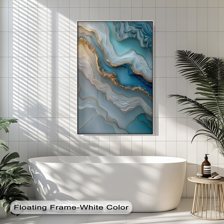 The realistic detail of this turquoise agate canvas artwork reveals luxurious abstract marble with intricate golden veins and shimmering blue layers.