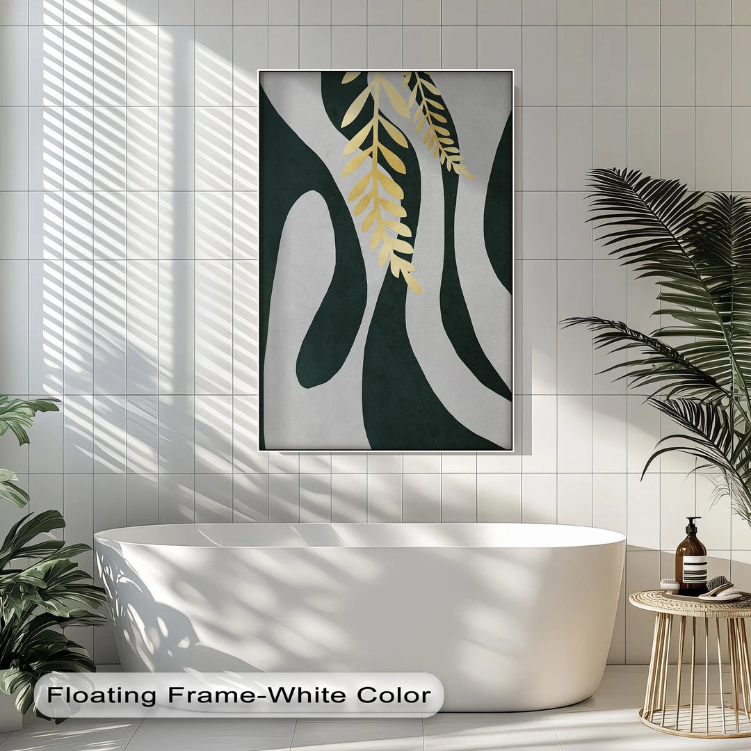 Golden Fern Over Emerald Flow – Minimal Botanical Canvas Print - MyPhotoStation