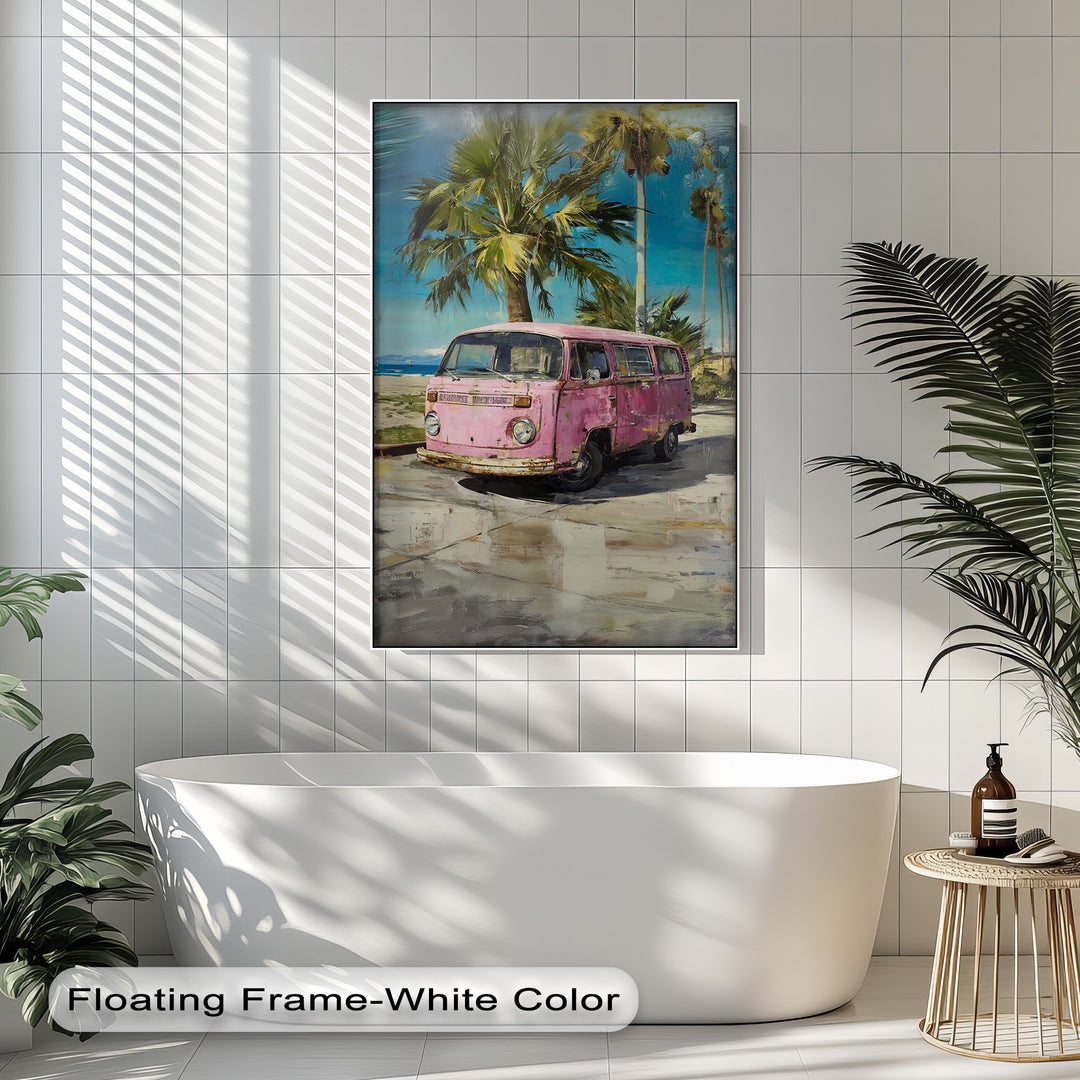 Pink Paradise Ride – Vintage Van by the Beach Canvas Print