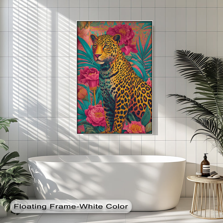 Regal Jungle Majesty – Vibrant Leopard in Floral Canvas Print
