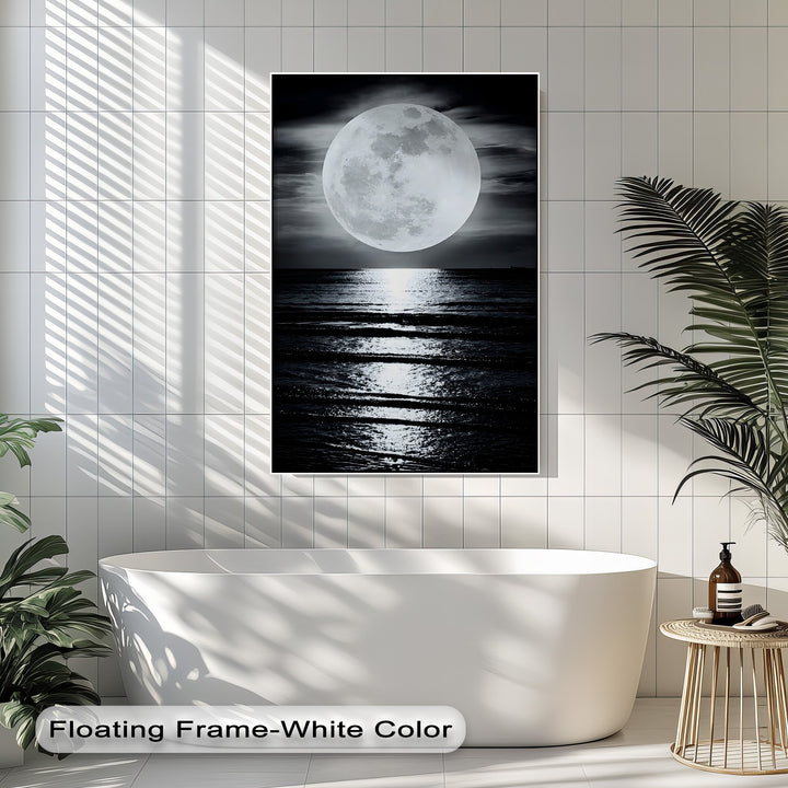 Showcasing the realistic detail of a glowing full moon reflecting brilliantly on the dark oceanic expanse in high quality canvas prints.