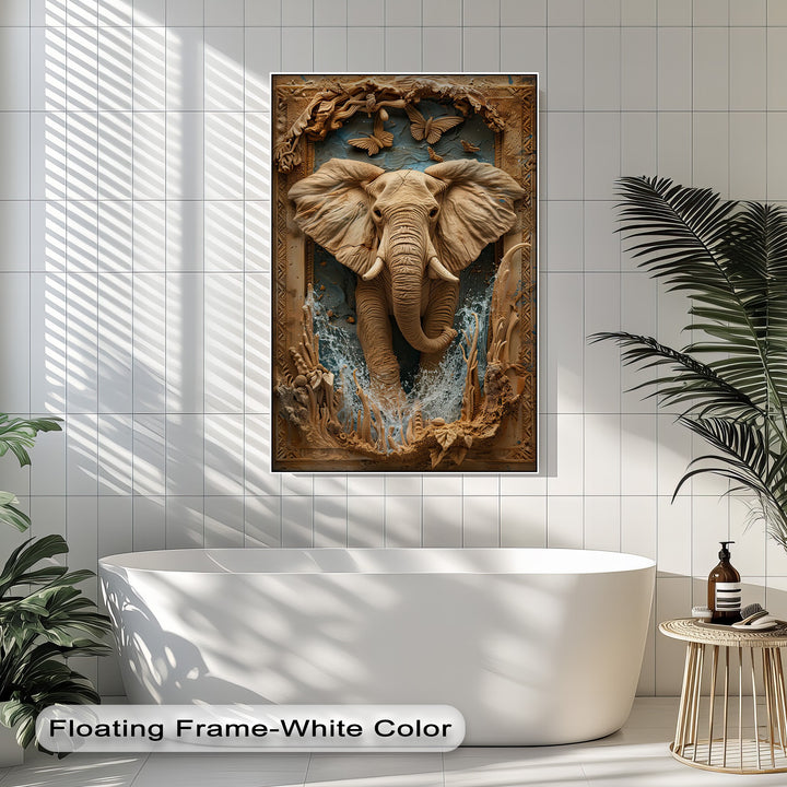 Warm, sun-drenched lighting illuminates a majestic elephant framed canvas featuring an ornate, textured relief with carved butterflies and splashing water.