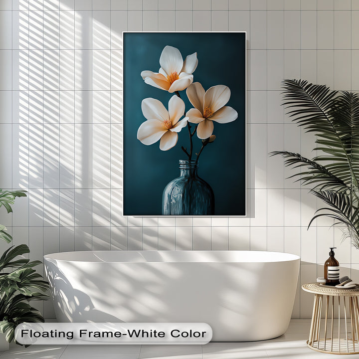 White Magnolia Trio in Teal – Elegant Floral Canvas Prints