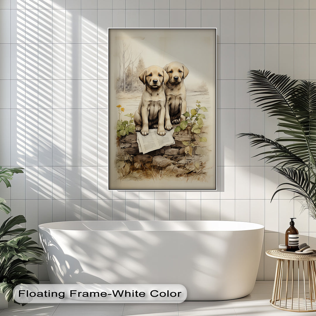 Stone Wall Puppies – Vintage Nature Scene Puppies Canvas Print