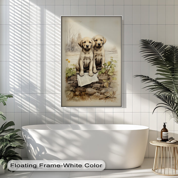 Stone Wall Puppies – Vintage Nature Scene Puppies Canvas Print