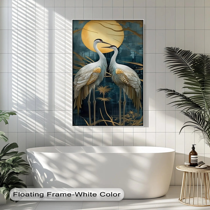 Moonlit Elegance – Golden Cranes Under Full Moon Canvas Print - MyPhotoStation