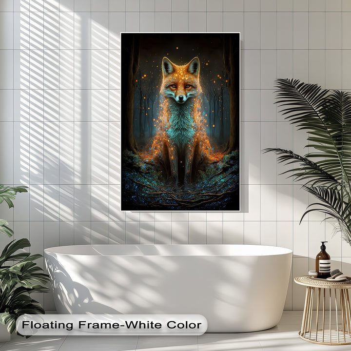 The high color saturation of this canvas artwork features a mystic fox glowing with fiery orange and vibrant blue lights in a dark fantasy forest.
