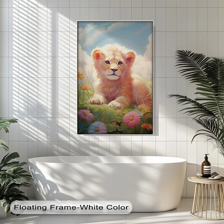 Innocent Majesty – Baby Lion Cub in Blooming Field Animal Canvas Print - MyPhotoStation