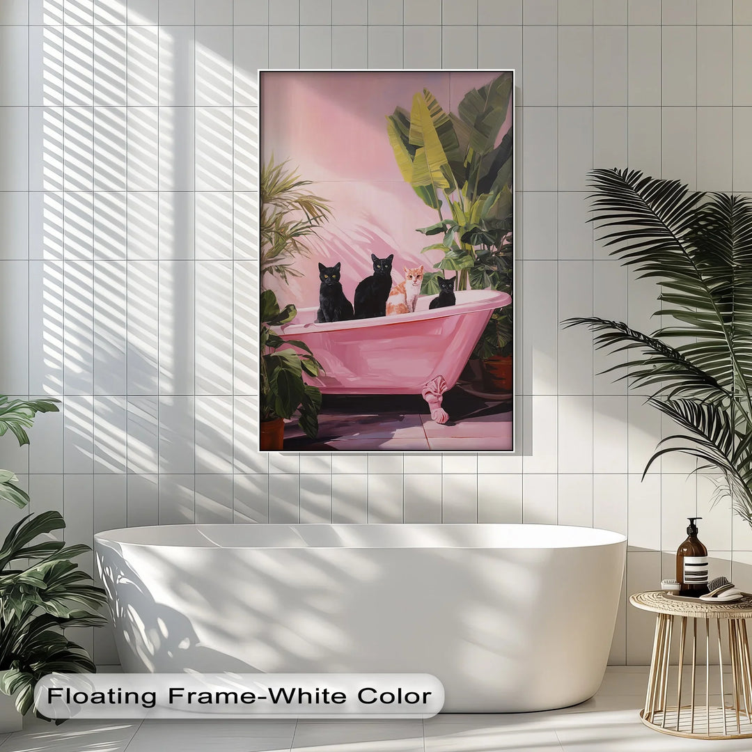 Four Cats in a Pink Bathtub – Playful Botanical Canvas Print - MyPhotoStation