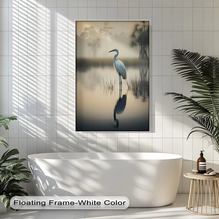 Misty Morning Heron – Serene Lakeside Reflection Canvas Print - MyPhotoStation