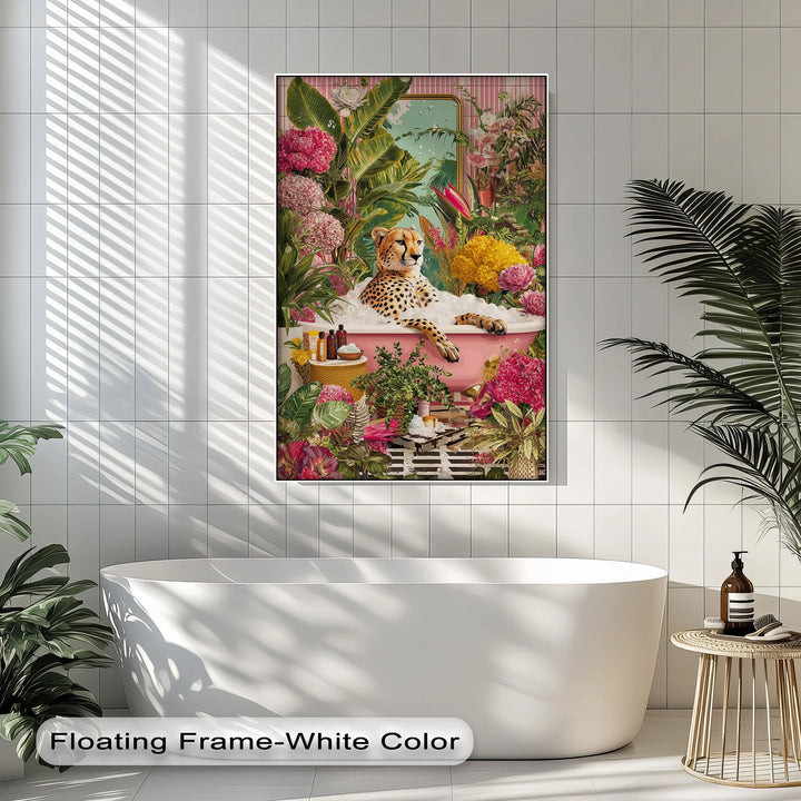 Cheetah in Pink Bathtub – Whimsical Jungle-Inspired Canvas Print - MyPhotoStation