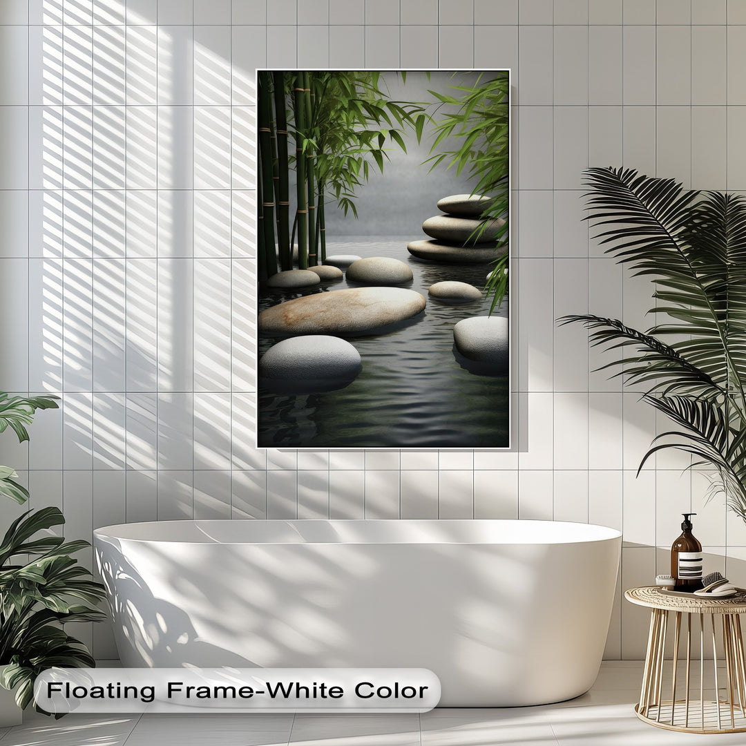 Organic forms of tall bamboo and smooth zen stones arranged in tranquil water reflections create a serene nature spa canvas wall decor.