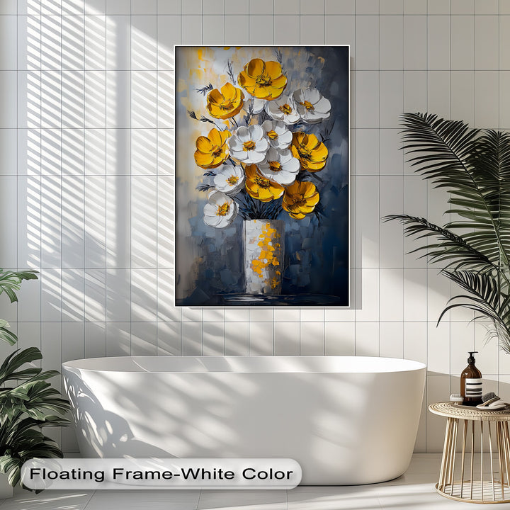 Sunlit Elegance – Yellow and White Poppies in Vase Canvas Print