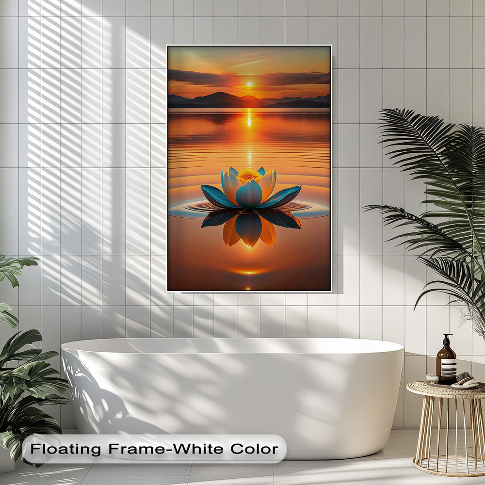 A vertical rectangular hanging canvas features a vibrant sunset over a serene lake with a glowing lotus, offering peaceful Zen wall art.