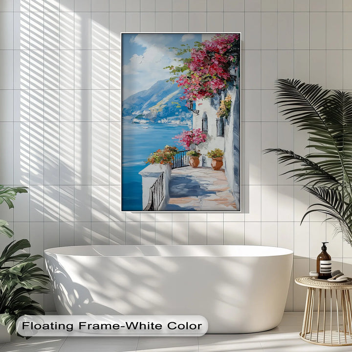 Sunlit Balcony by the Amalfi – Seaside Floral Canvas Print