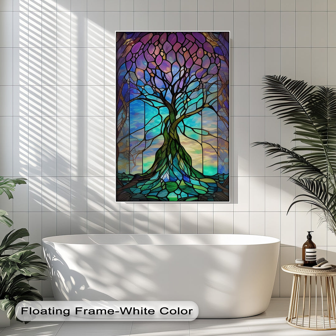 The smooth yet subtly textured surface of this vibrant stained glass tree canvas wall decor beautifully captures its rich purple and turquoise tones.