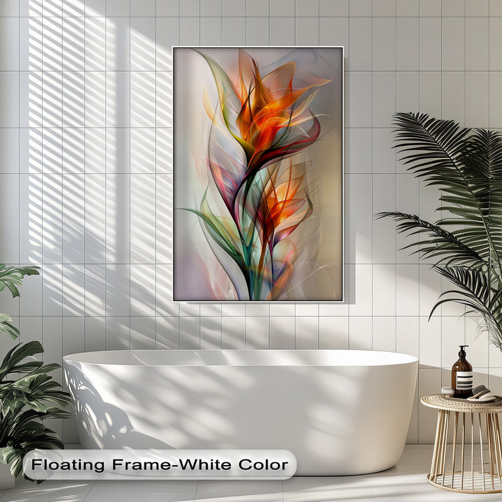 The smooth finish of this vibrant abstract floral canvas print highlights the modern orange botanical design beautifully, ideal for canvas pictures.
