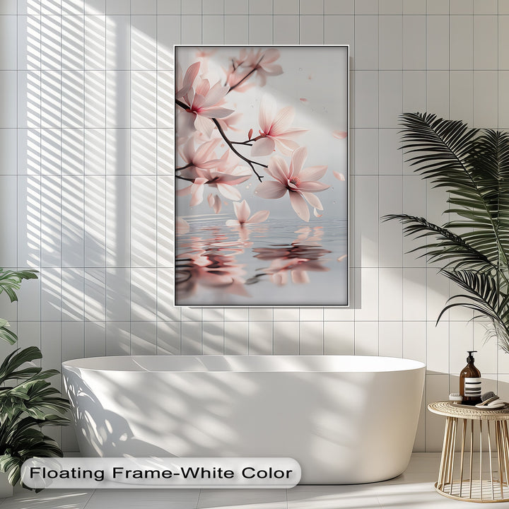 Blush Magnolia Blooms Reflected on Water – Tranquil Floral Canvas Print