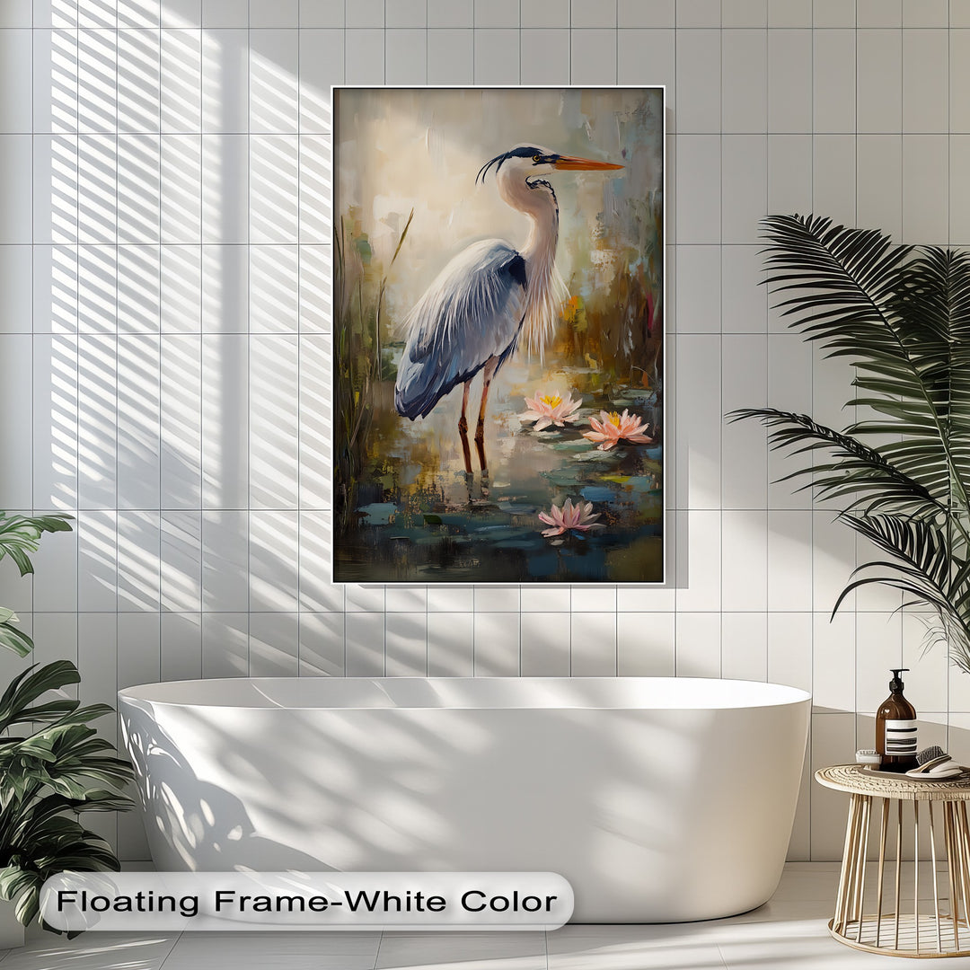 Graceful Heron Among Lilies – Serene Wildlife Canvas Print
