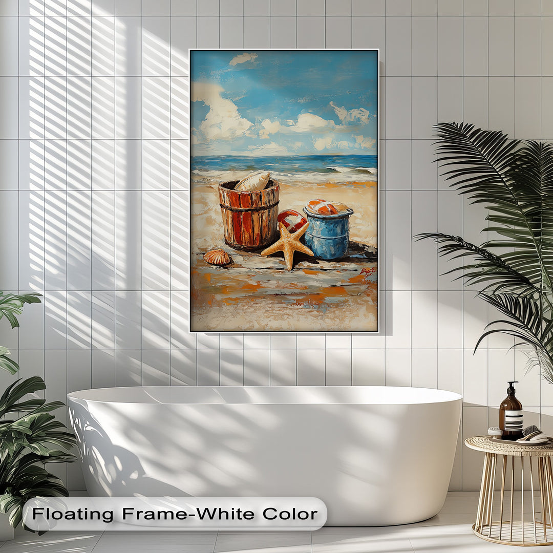 Beach Day Memories – Vibrant Coastal Bucket Scene Canvas Prints