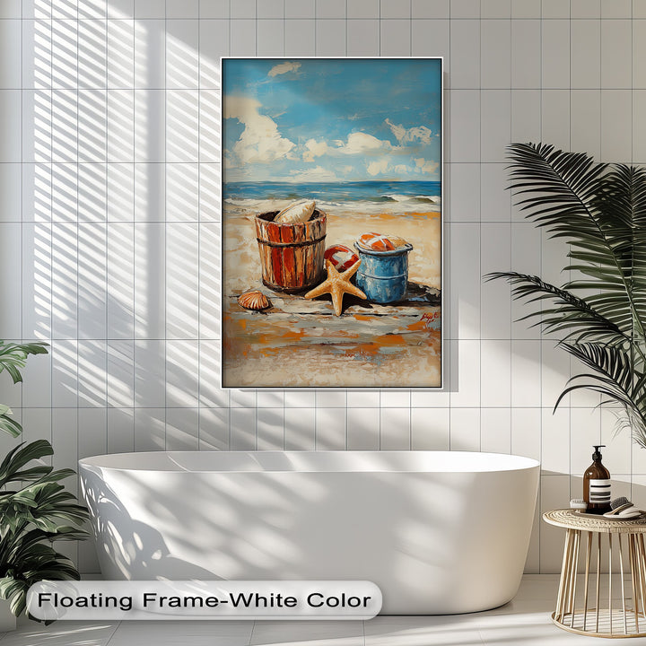 Beach Day Memories – Vibrant Coastal Bucket Scene Canvas Prints