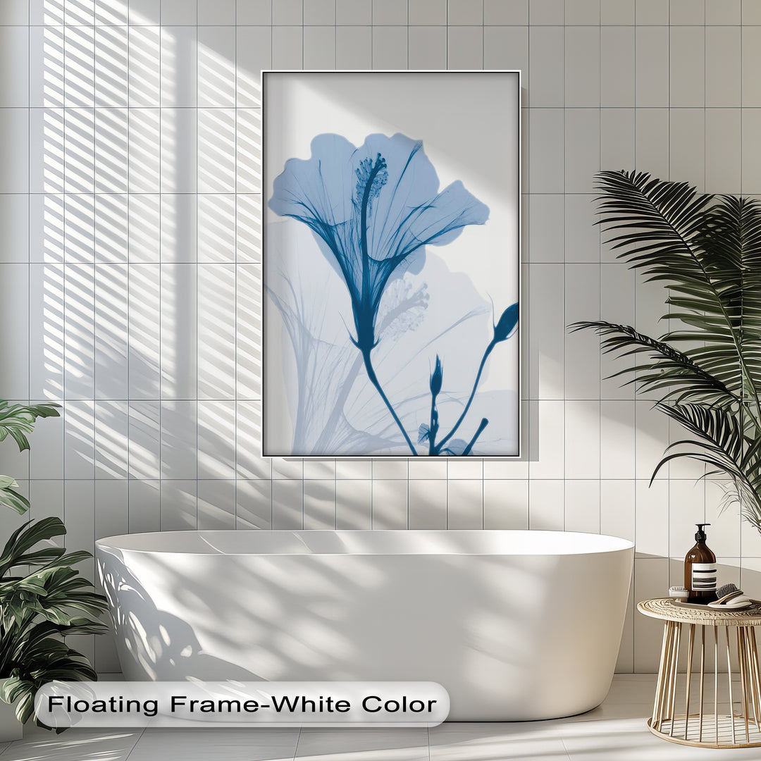 Winterliche Ruhe – Japanische Frau im blauen Kimono, Leinwanddruck | Gerahmtes Kunstwerk